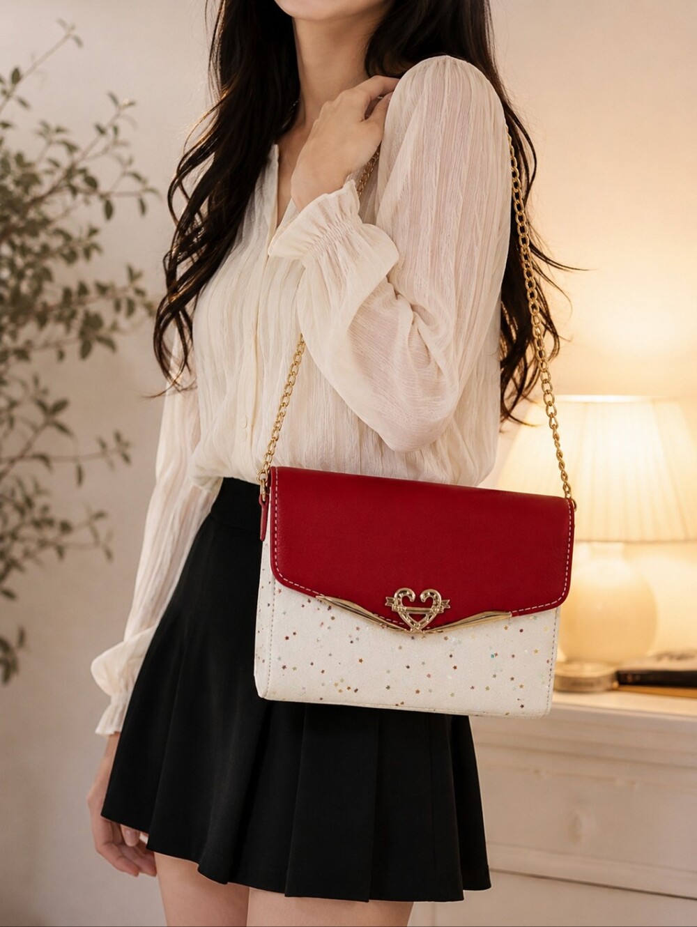Red & White Glitter Crossbody Bag Gold Chain Heart Lock Shoulder Purse